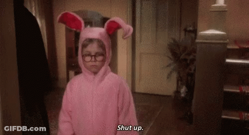 Little Girl In Pink Bunny Costume And Glasses Saying Shut Up GIF