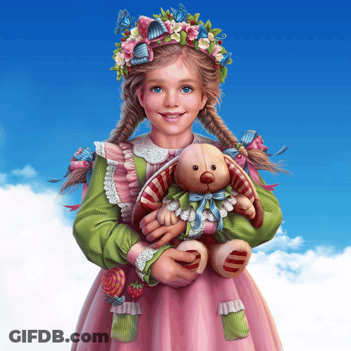 Little Girl In Pink Dress Holding Stuffed Bunny GIF