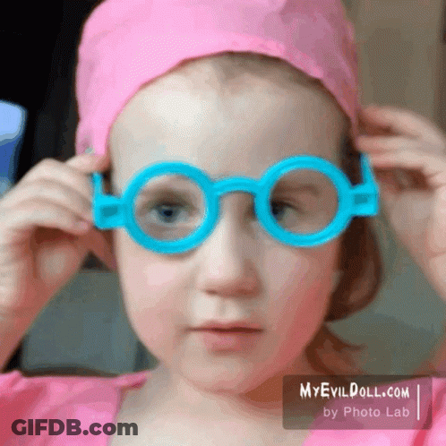 Little Girl In Pink Hat And Blue Glasses Myevildoll.com GIF