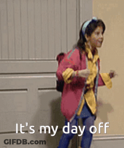 Little Girl In Pink Jacket And Yellow Shirt Running Says It's My Day Off GIF