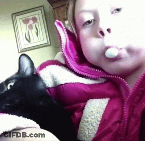 Little Girl In Pink Jacket Holding Black Cat Blowing Bubbles GIF