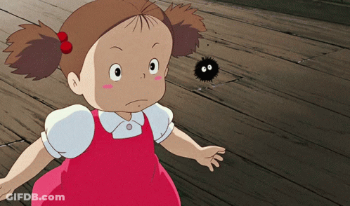 Little Girl In Red Dress Next To Black Creature GIF