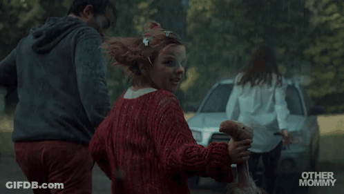 Little Girl In Red Sweater Running Towards Car Saying Other Mommy GIF