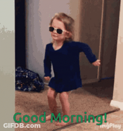 Little Girl In Sunglasses And Blue Dress Dancing Good Morning GIF