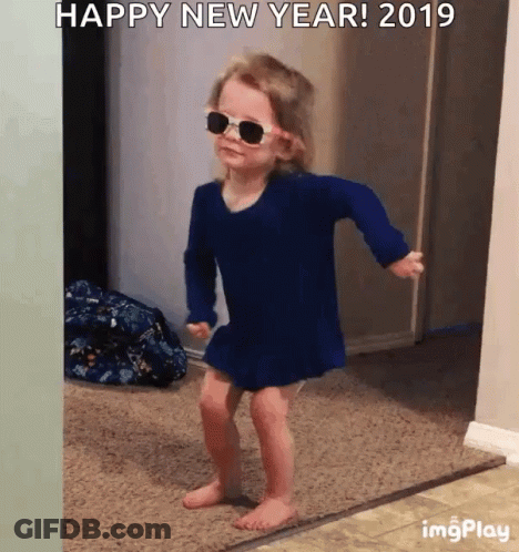 Little Girl In Sunglasses And Blue Dress Dancing With Happy New Year 2019 GIF