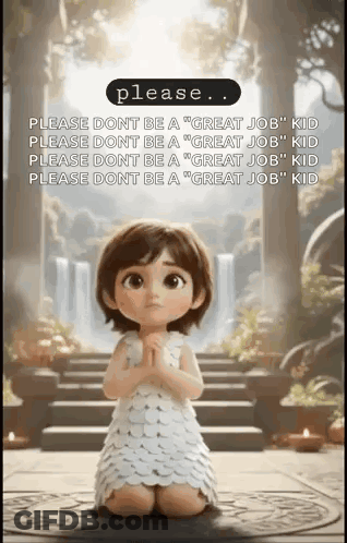Little Girl In White Dress Kneeling Before Waterfall Asking For Great Job GIF