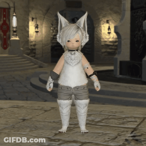 Little Girl In White Fox Costume Standing By Stone Wall GIF