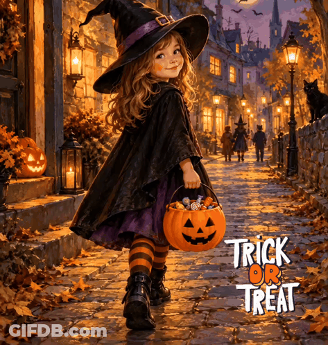 Little Girl In Witch Costume Carrying Pumpkin Candy Bucket GIF