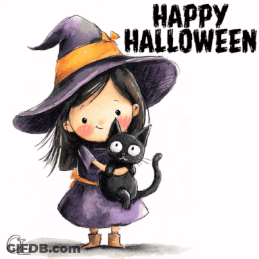 Little Girl In Witch Costume Holding Black Cat Saying Happy Halloween GIF