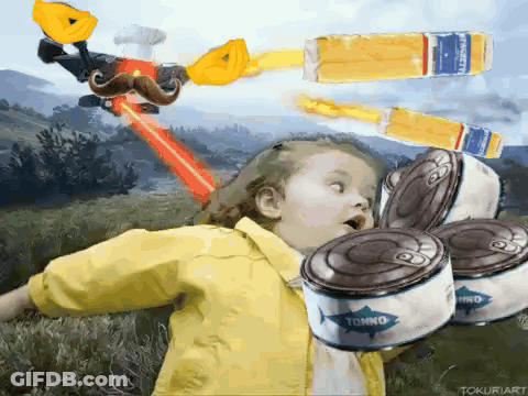 Little Girl In Yellow Jacket Surrounded By Tuna Cans GIF