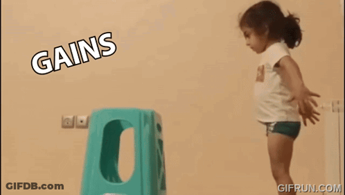Little Girl Jumping Over Stool Saying Gains GIF