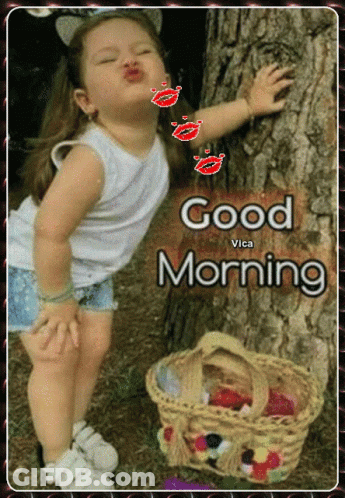 Little Girl Kissing Tree Saying Good Morning GIF