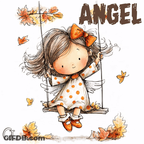 Little Girl On Swing With Angel Written Above GIF