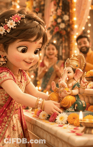 Little Girl Putting Flowers On Ganesha GIF