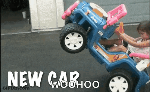 Little Girl Riding Blue Jeep Saying New Car Woohoo GIF
