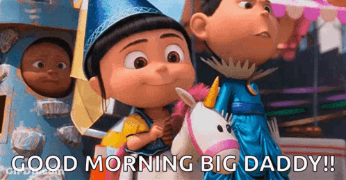 Little Girl Riding Unicorn Says Good Morning Big Daddy GIF