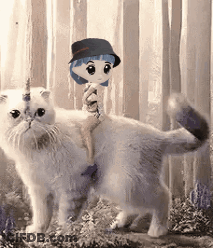 Little Girl Riding White Cat With Unicorn Horn GIF
