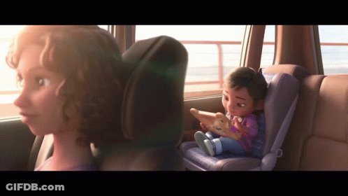 Little Girl Sitting In Car Seat With Stuffed Animal GIF
