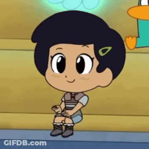 Little Girl Sitting On Bench Next To Cartoon Character GIF