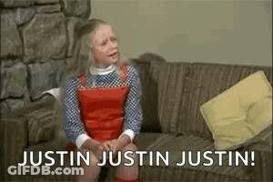Little Girl Sitting On Couch Saying Justin Justin Justin GIF