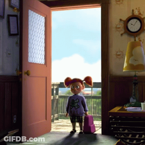 Little Girl Standing In Front Of Open Door With Clock On Wall GIF