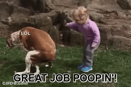 Little Girl Standing Next To Sitting Dog GIF