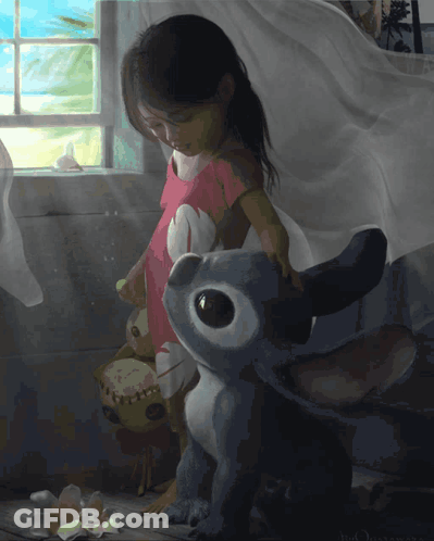 Little Girl Standing Next To Stuffed Stitch GIF