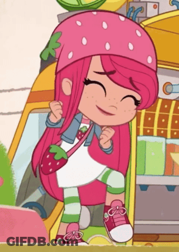 Little Girl With Pink Hair And Strawberry On Head GIF
