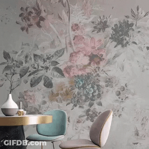 Living Room With Chair And Table In Front Of Pink Flower Wall GIF