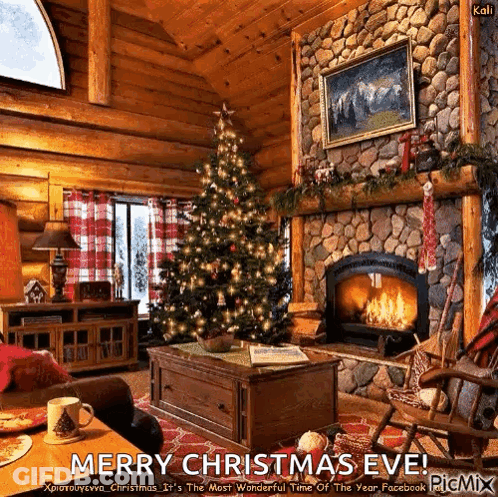 Living Room With Christmas Tree And Fireplace GIF