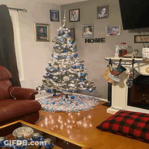 Living Room With Christmas Tree And Home Sign GIF