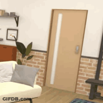 Living Room With Couch And Brick Wall Door GIF