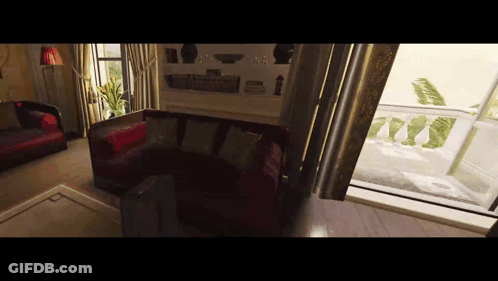Living Room With Couch, Chairs, And Large Window GIF