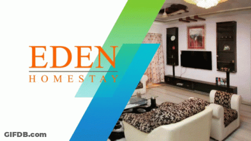 Living Room With Eden Homestay Logo GIF