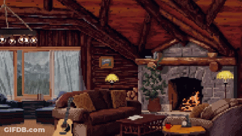 Living Room With Fireplace And Guitar GIF