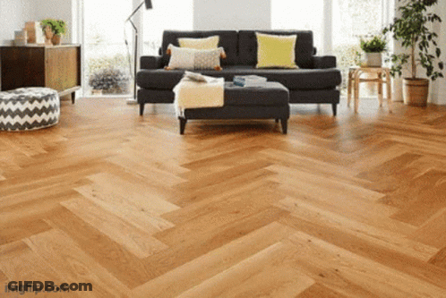 Living Room With Herringbone Wood Floor GIF