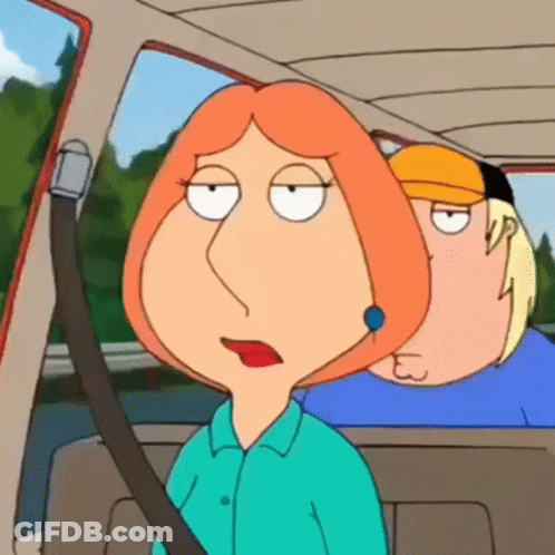 Lois Griffin From Family Guy Is Sitting In The Back Seat Of A Car With Her Eyes Closed GIF