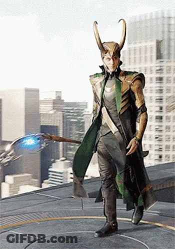 Loki From Avengers : Age Of Ultron Is Standing On A Rooftop Holding A Sword And Shield . GIF