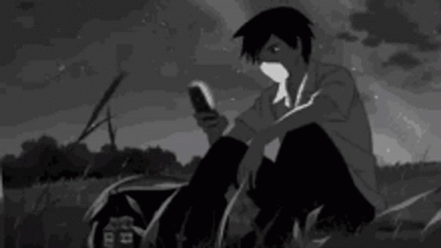 Lonely Anime Guy Checking Phone Field GIF