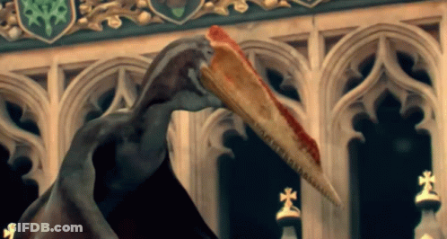 Long Beak Bird Statue Holding Pizza GIF