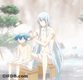 Long Blue Hair Brushing Another Man'S Head GIF
