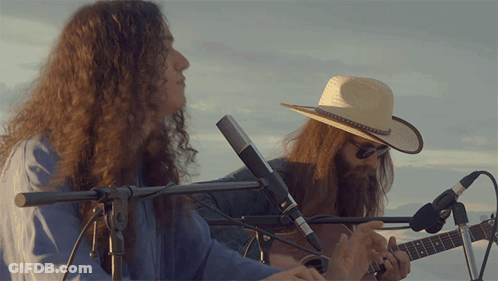 Long Hair Man In Cowboy Hat Playing Guitar With Two Microphones GIF