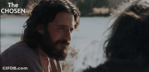 Long Haired Bearded Man Looking At Woman With The Chosen Above GIF
