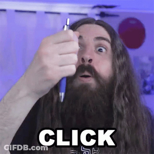 Long Haired Man With Beard Holding Pen Saying Click GIF