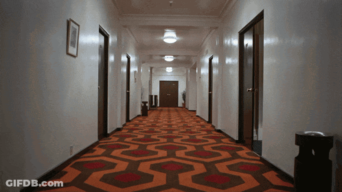 Long Hallway With Red And Brown Carpet And Picture GIF