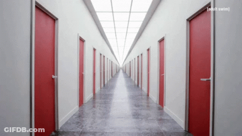 Long Hallway With Red Doors Adult Swim GIF