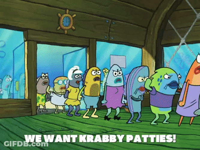 Long Line Of Angry Fish At Krusty Krab GIF