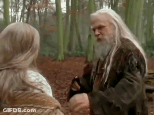 Long White Haired Bearded Man And Woman In Woods GIF