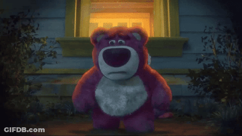 Lotso From Toy Story Is Standing In Front Of A House Looking Out The Window . GIF