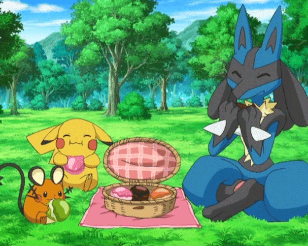 Lucario Picnic With Pikachu And Dedenne GIF